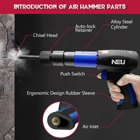 Air Hammer Chisel Kit With 4 Chisels And Quick Change Retainer, 2200 BPM, labeled parts, ergonomic design, auto body repairs