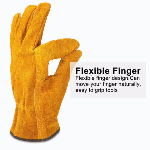 Image of gold cowhide work glove highlighting the flexible finger design, part of 12 Pairs Leather Work Gloves With Flexible Grip For Gardening And Construction Men And Women Cowhide Thorn Proof Tear Resistant And Cut Resistant FPR Gear For Tough Jobs.