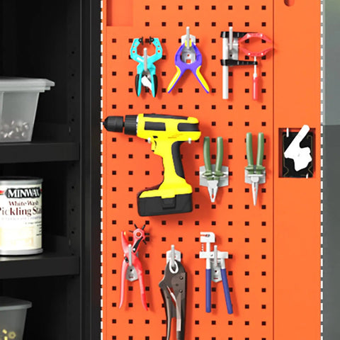 Heavy Duty Steel Tool Cabinet With Secure Lock Drawer And Multiple Shelves For Garage Workshop Organization filled with tools on an orange pegboard.
