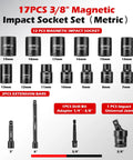 Three Eighths Inch Drive Magnetic Impact Socket Set, Metric 7mm To 19mm, 6 Point CrMo Sockets, with extensions and adapters