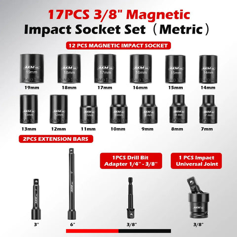 Three Eighths Inch Drive Magnetic Impact Socket Set, Metric 7mm To 19mm, 6 Point CrMo Sockets, with extensions and adapters