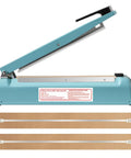 Top Shelf 12 Inch Manual Pulse Sealer Heavy Duty All Steel Gear For Plastic And Shrink Bags Adjustable Temperature Dial Built Like A Tank Comes With On The Fly Repair Kit In Blue, showing open position with sealing elements.