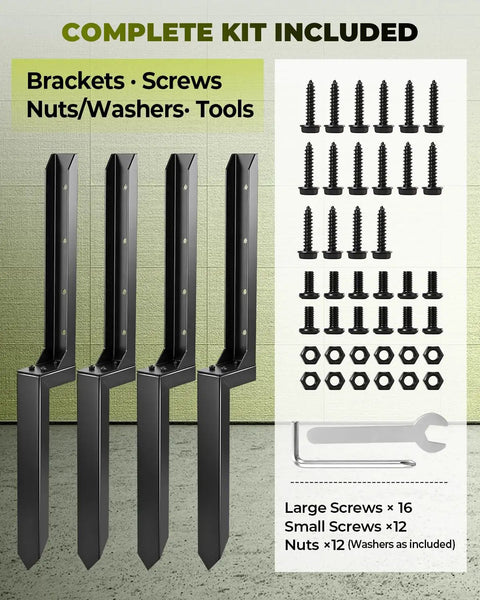 No Dig Fence Post Repair Kit With 4x4 And 6x6 Post Bases, Heavy Duty Post Bracket System, Screw Fixed Fence Post Anchor, DIY Friendly 4 Pack, Easy One Person Install For Leaning Or Wobbly Fence Posts
