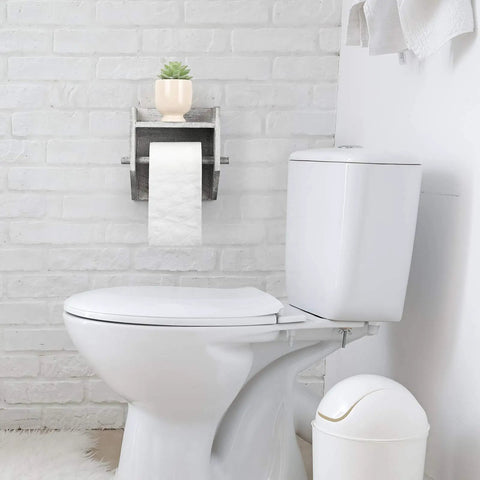 Rustic White Wood Wall Mounted Toilet Paper Holder With Storage Shelf in bathroom setup with toilet and trash bin