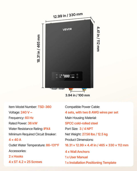 Handles Heavy Duty Plumbing With This 36 Kw Tankless Electric Water Heater showing dimensions and features on a sleek black unit.