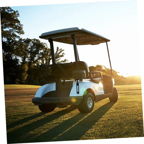 Golf cart on a grassy field at sunset, highlighting Three Sets Rubber T Handle Latches Built To Last Flexible Elastic Draw Latches