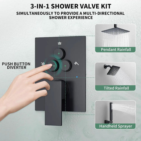 Legit Solid Three Way Matte Black Shower System With Ten Inch Ceiling Rain Head Six Inch Wall Sprayer And Extra Long Handheld Hose For Quick Rinsing And Serious Bathroom Glow Ups