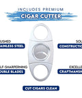 Stainless steel cigar cutter included in Large Eight Point Five Inch Black Glossy Ceramic Cigar Ashtray Kit For Indoor Outdoor Use