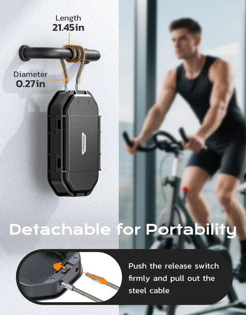Portable Travel Safe Lock Box With 4 Digit Combo Waterproof Durable Security Case mounted on a gym equipment with detachable cable.