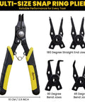 4 In 1 Heavy Duty Snap Ring Pliers Set With Interchangeable Heads For Internal And External Retaining Rings 45 And 90 Degree Angled Jaws Circlip Removal Tool For Auto Repair Machinery And Home DIY displayed with four interchangeable heads