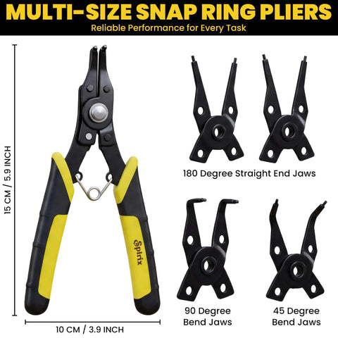 4 In 1 Heavy Duty Snap Ring Pliers Set With Interchangeable Heads For Internal And External Retaining Rings 45 And 90 Degree Angled Jaws Circlip Removal Tool For Auto Repair Machinery And Home DIY displayed with four interchangeable heads