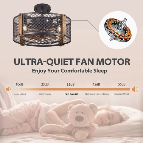 17 Inch Farmhouse Ceiling Fan With Lights Cage Style Bladeless Look Reversible Motor Quiet for Comfortable Sleep