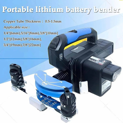 Heavy Duty Battery Operated Electric Pipe Bender For One Shot Bending Of Copper Tubing Quick 9 Second Bend Tool with adjustable size settings.