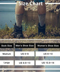 Size chart for Merino Wool Hiking Cushion Socks For Men, US Size 9-13 displayed over hiker's legs by a lake.