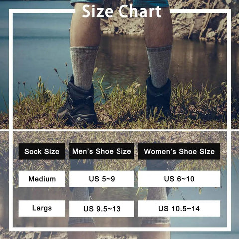 Size chart for Merino Wool Hiking Cushion Socks For Men, US Size 9-13 displayed over hiker's legs by a lake.