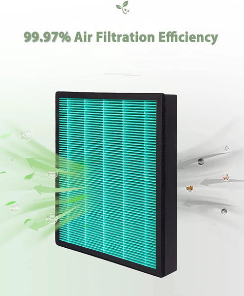 Two Pack Replacement Filter For Coway Airmega 300 And 300S Purifiers, showing air filtration efficiency details