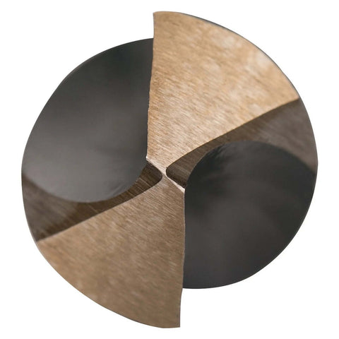 Close-up of a split-point drill bit tip with 135-degree angle in bronze and black finish