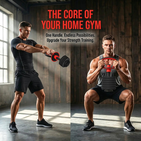 Adjustable Kettlebell Handle Grip For Dumbbells Easy Quick Assembly, man demonstrating workout in home gym.