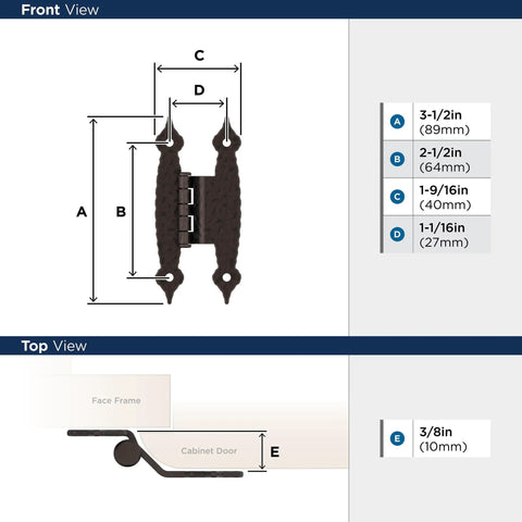 Smooth Swinging Offset Cabinet Hinges One Pair 3/8 Inch Oil Rubbed Bronze Butterfly Wood Hardware For DIY Builds front and top view with measurements.