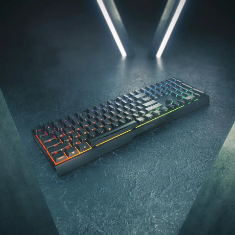 Dope Mechanical Wireless Gaming Keyboard With Fresh MX2A Blue Switches in black chassis, featuring RGB lighting and sleek design.