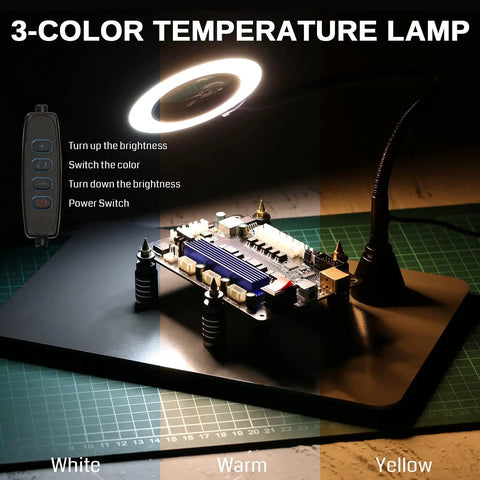 Magnetic Helping Hands Soldering Station with 5X LED Magnifying Lamp and flexible arms on large base for hands-free work