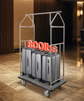 Hotel Luggage Cart With Brushed Stainless Steel Finish And Grey Carpeted Deck Bellman Valet Cart With 800 Lbs Capacity, loaded with suitcases in a hotel lobby.