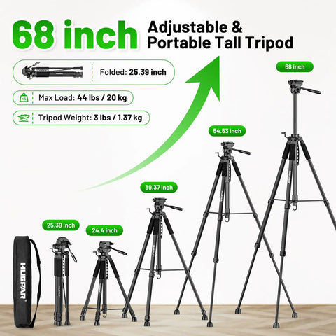 68 Inch Adjustable Laser Level Tripod With One Quarter And Five Eighth Inch Mounts Heavy Duty Portable Stand 3 Way Pan Head With 360 Degree Rotation And 90 Degree Tilt Built In Bubble Level Phone Holder Ideal Dad Gift, black aluminum foldable stand