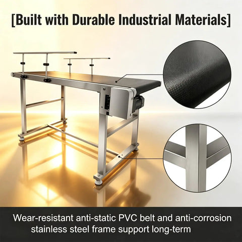 Beefy Mini Conveyor Belt With Guardrails, 55x22 Inch Stainless Steel Frame, Variable Speed 3-120 RPM, Forward Reverse PVC Belt