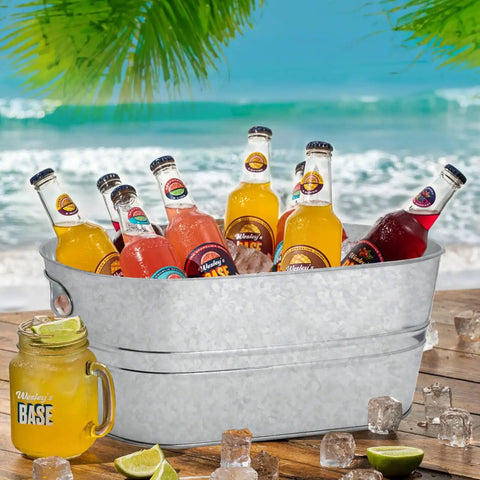 Two Pack 4 Gallon Galvanized Ice Buckets For Parties Portable Beverage Tub with bottles on beach background