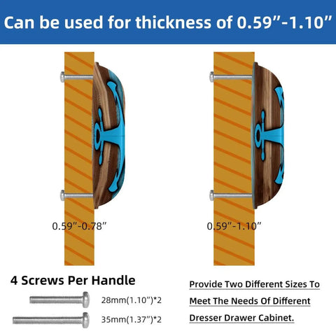 Heavy Duty Construction Hella Smooth Sliding Rustic Cabinet Cup Pulls 6 Pack showing use for 0.59"-1.10" thick drawers.