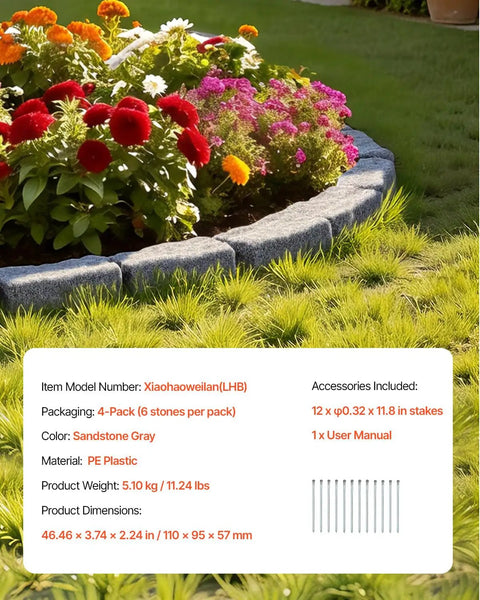 Faux Stone Landscape Edging Kit surrounds colorful flower bed in lawn, showcasing no-dig border with sandstone gray stone look.
