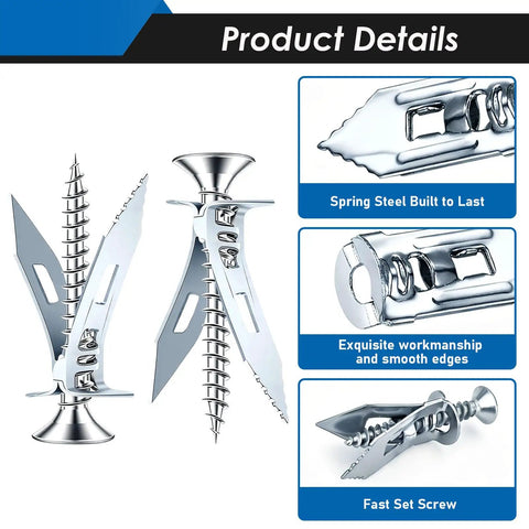 Self Drilling Drywall Anchors And Screws Kit With Six Size Options In Silver showing steel anchors and screws details