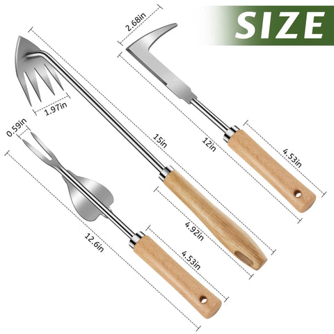 3 Pack Pro Grade Stainless Steel Weed Puller Tools Set with L Shaped Crack Sickle, V Shaped Hand Weeder, and 4 Tooth Tool
