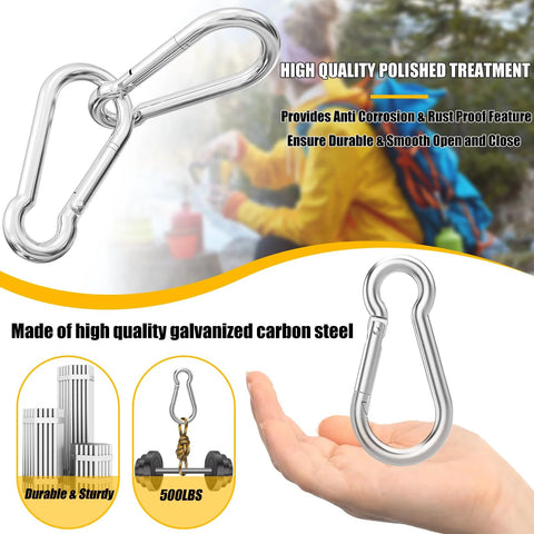 Front view of 3-inch galvanized steel snap hook carabiner, set of 60, 500 lbs capacity
