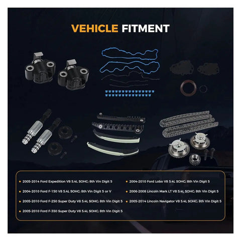 Heavy Duty Timing Chain Kit For Ford Expedition 2005-2014 And F150 Trucks Made From Alloy Guides And Sprockets To Stop Wear And Keep Engine Running Tight Without Stretching Out Or Busting When Driving On The Road, alloy parts laid out