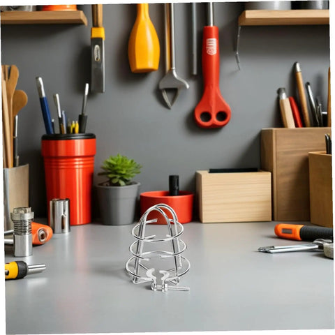 No Fuss Setup Fire Sprinkler Head Protector Cage Cover Clamps in tool area, metallic design, easy installation, protects against bumps.