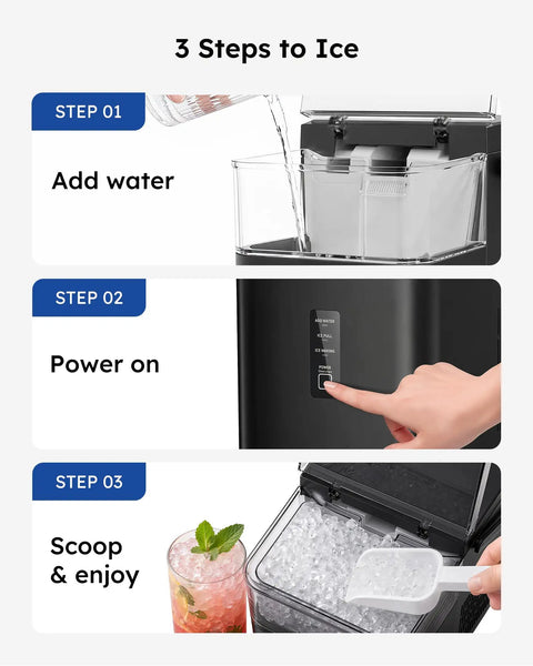 No Sweat Countertop Nugget Ice Maker With Easy Grip Handle Produces Up To 38 Pounds Of Chewable Ice Daily steps for adding water and operating.