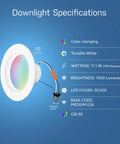 Smart Recessed 5 To 6 Inch LED Downlights With WiFi, Dimmable Color Changing, 1000 Lumens, 11.1W 75W Equivalent, labeled specifics