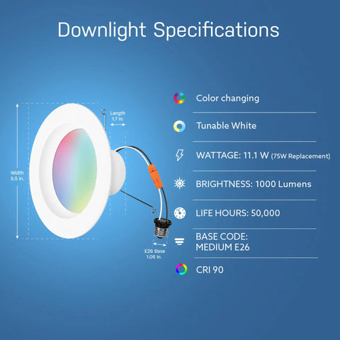 Smart Recessed 5 To 6 Inch LED Downlights With WiFi, Dimmable Color Changing, 1000 Lumens, 11.1W 75W Equivalent, labeled specifics