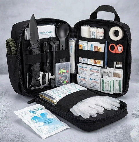 Open Prepper Ready 250 Piece Survival Kit With First Aid Gear in MOLLE pouch showing tools, bandages, and essentials.