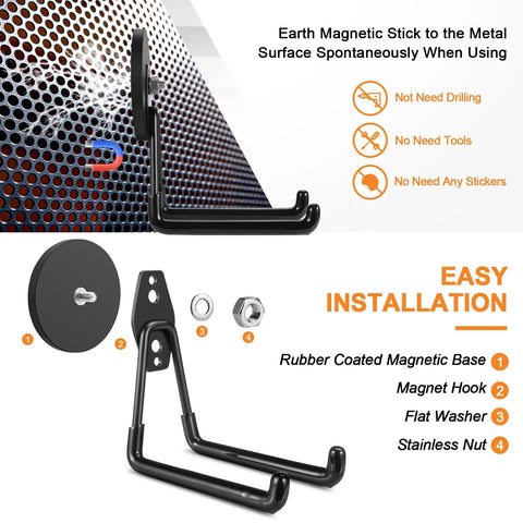 Heavy Duty Magnetic Hooks Set For Garage And Workshop Organization Strong Metal Magnets With Hooks Must Have For Metal Cabinets Pegboards Shelves Tools Shovels Brooms Garden Gear 2 Pack shown during easy installation with parts labeled.