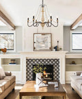 French Country Farmhouse Six Light Chandelier With Wood Bead Accents For Dining Room Living Room And Bedroom, Distressed White Wood Finish