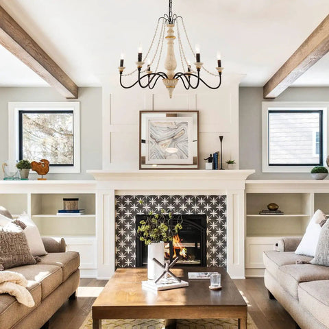 French Country Farmhouse Six Light Chandelier With Wood Bead Accents For Dining Room Living Room And Bedroom, Distressed White Wood Finish