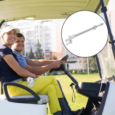 Silver Iron Golf Cart Tie Rod End Kit For Smooth Steering And Easy Install, Upgrade Your Ride, Durable Golf Cart Parts Compatible With Club Car Accessories, Replacement Inner Outer Tie Rods For Reliable Performance On The Course And Outdoors in detail against golf cart setting