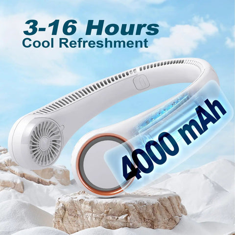 Portable Neck Cooling Fan With Three Speeds Bladeless Hands Free Wearable Design USB Rechargeable 4000mAh Battery on snowy rocks.