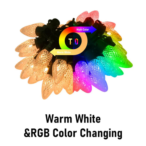 Outdoor C9 Christmas Lights 134 Feet 150 LED, App Controlled, featuring warm white and RGB color changing modes
