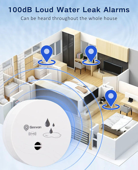Illustration of Six Pack Water Leak Detectors With 100dB Alarm in a home's layout for basements, bathrooms, kitchens, and attics.