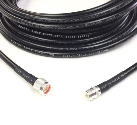 Close-up of 35 Foot LMR 400 Coax Extension N Male to N Female for Outdoor Ham Radio WLAN, CB, and WiFi Antennas Low Loss UV Resistant Cable