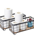 Sturdy Metal Wire Toilet Paper Organizer Basket With Wood Base Holds Two Rolls And Extra Decor Box, Slick Countertop Shelf, Black Finish, 2 Pack