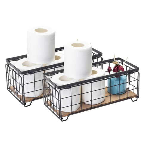 Sturdy Metal Wire Toilet Paper Organizer Basket With Wood Base Holds Two Rolls And Extra Decor Box, Slick Countertop Shelf, Black Finish, 2 Pack